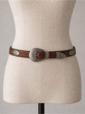 Vintage 1993 L.L.Bean Western Concho Leather Belt Brown Silver Tone USA Made